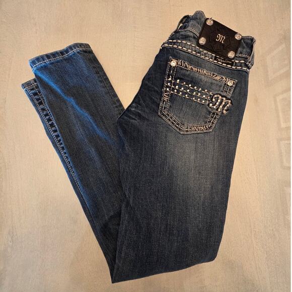 Miss Me Women's Denim Skinny Jean SZ 27 Rhinestones Embroidery Dark Wash - Picture 1 of 8